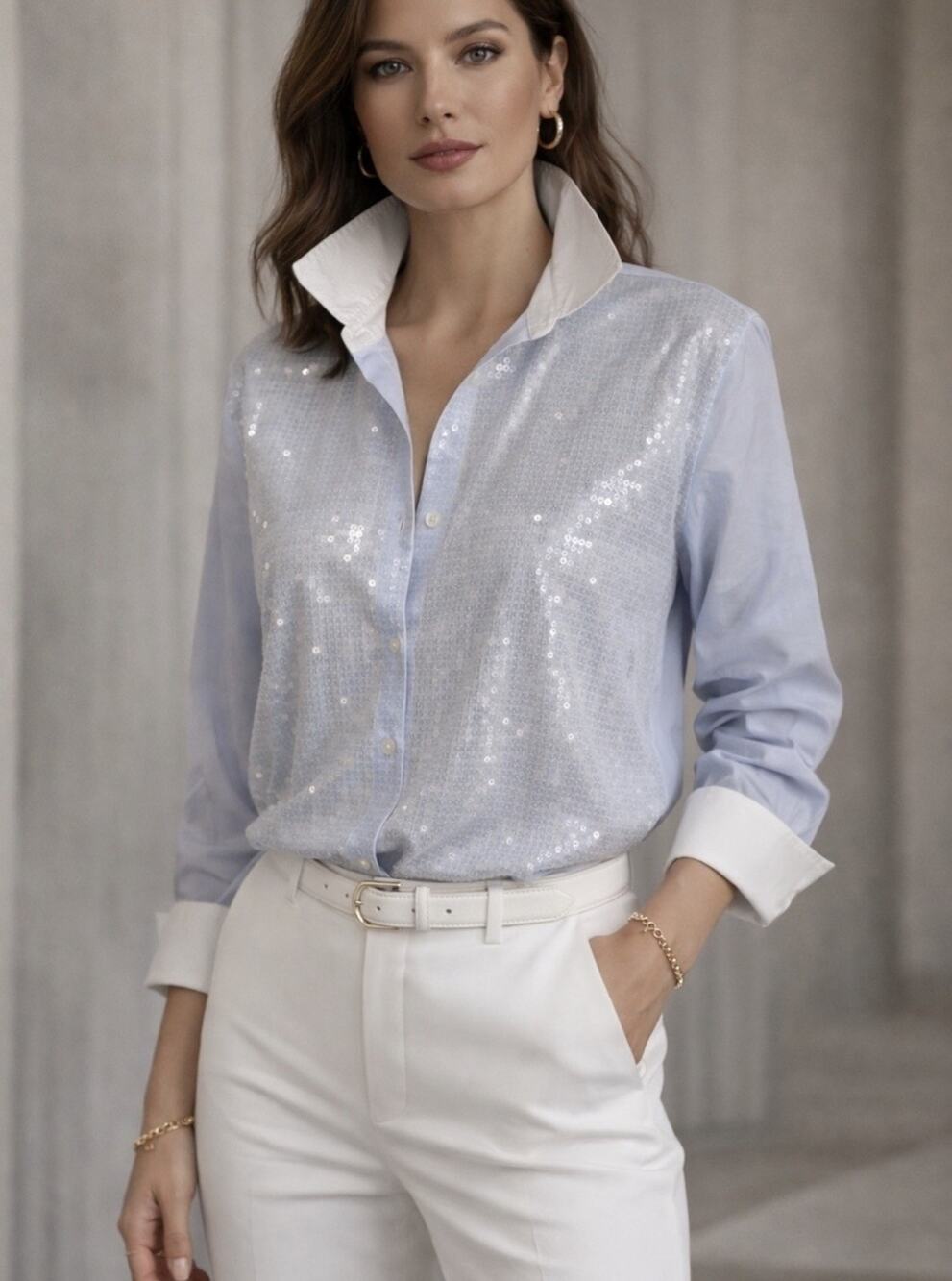 LOFT Sequin Button Down Shirt XL Blue White Collar Cuffs Cotton Tuxedo Blouse
